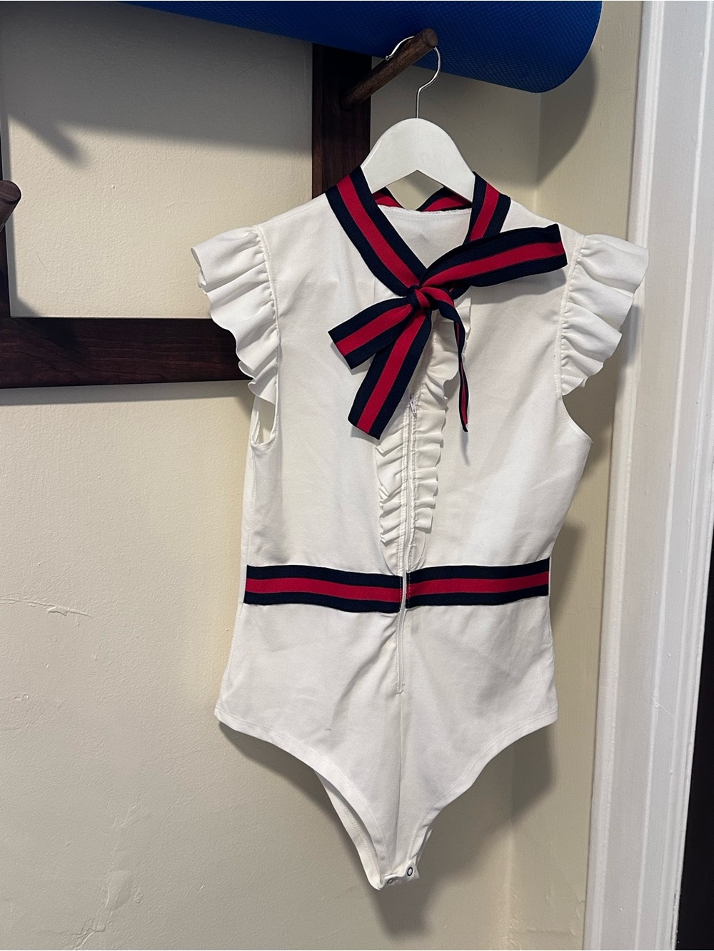Women's One-Piece White Bodysuit with Navy & Red Trim